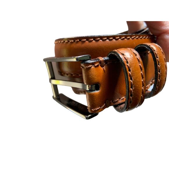Mens Brown Genuine Italian Leather Belt Silver Square Buckle Z3 - Picture 7 of 7